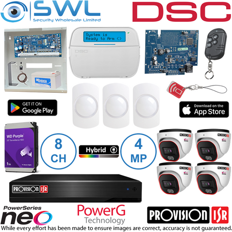 DSC Panel, KP, Bat, COM, 3xPIRs, 1xRemote + Provision Kit: 8ch NVR, 1Tb, 4 x 4mp