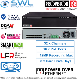 Provision-ISR NVR12-32800FN-16P: 32CH NVR, 16x PoE, LPR, 2x NIC, 8x HDD Bays