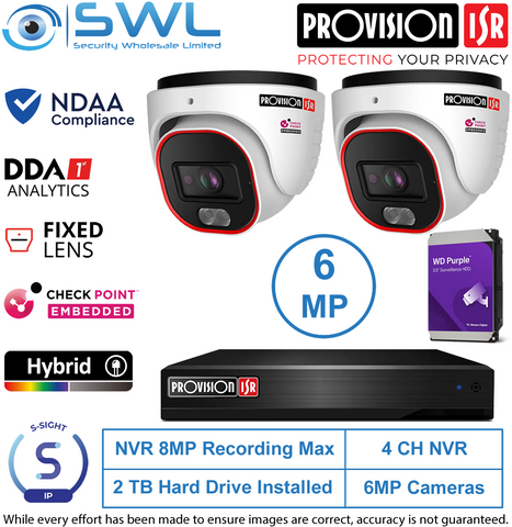 Provision-ISR 4CH NVR KIT: With 2x 6MP S-Sight Turrets 2.8mm 2Tb HDD Inc.