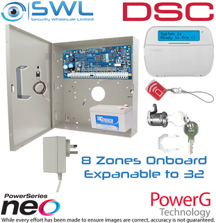 DSC Neo Kit: 8-32 Zone, Cabinet, Plug Pack, Tamper, RF LCD KP Prox CAM Lock