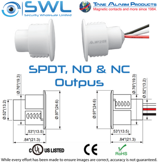TANE SD-72 WG Recessed Reed: 9.5mm DIA. 19mm Gap. SPDT, NO & NC Outputs