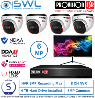 Provision-ISR 8CH NVR KIT: 4x 6MP S-Sight Turrets 2.8mm 2Tb HDD, 24" Monitor