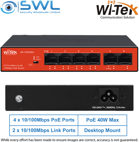 Wi-Tek WI-PS205H V3: 4x 10/100Mbps PoE Ports + 2x 10/100Mbps RJ45, 40W