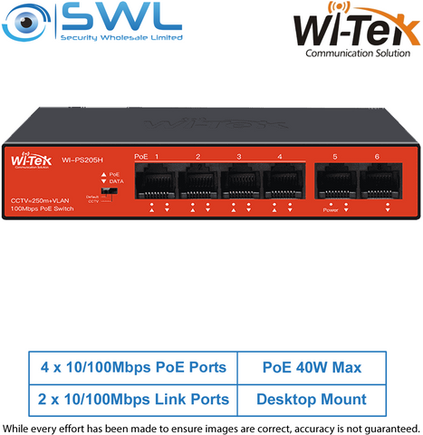 Wi-Tek WI-PS205H V3: 4x 10/100Mbps PoE Ports + 2x 10/100Mbps RJ45, 40W