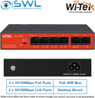 Wi-Tek WI-PS205H V3: 4x 10/100Mbps PoE Ports + 2x 10/100Mbps RJ45, 40W