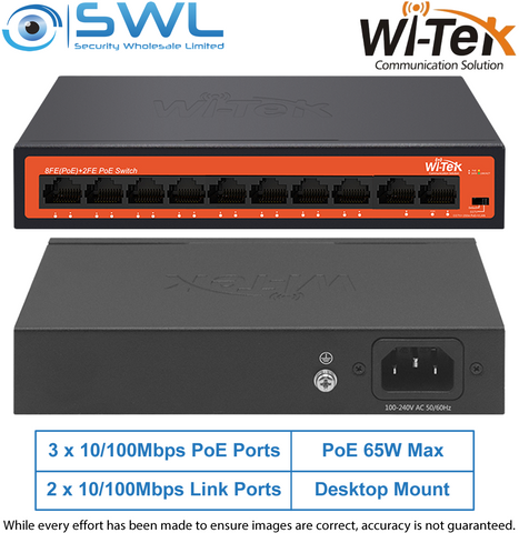 Wi-Tek WI-PS210H V3: 8x 10/100Mbps PoE Ports + 2x 10/100Mbps RJ45, 60W