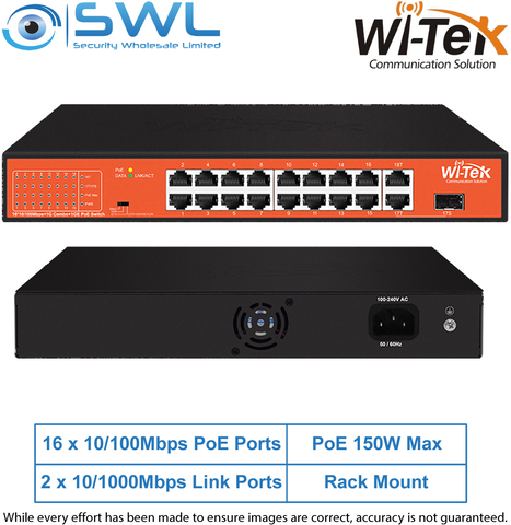 Wi-Tek WI-PS518GH:16x 10/100Mbps PoE Ports + 1x 1000Mbps RJ45 & SFP Ports, 185W