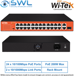 Wi-Tek WI-PS526GH: 24x 10/100Mbps PoE Ports + 1x 1000Mbps RJ45 & SFP Ports, 185W