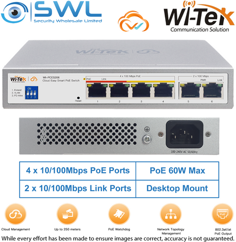 Wi-Tek WI-PCES206: 4x 100Mbps PoE Ports + 2x 100Mbps RJ45, 60W, Cloud