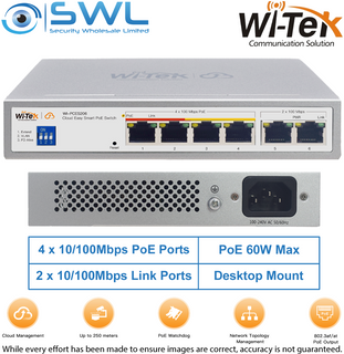 Wi-Tek WI-PCES206: 4x 100Mbps PoE Ports + 2x 100Mbps RJ45, 60W, Cloud