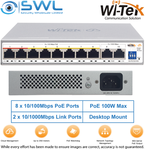 Wi-Tek WI-PCES210G: 8x 100Mbps PoE Ports + 2x 100Mbps RJ45, 100W, Cloud