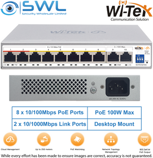 Wi-Tek WI-PCES210G: 8x 100Mbps PoE Ports + 2x 100Mbps RJ45, 100W, Cloud