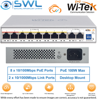 Wi-Tek WI-PCES210G: 8x 100Mbps PoE Ports + 2x 1000Mbps RJ45, 100W, Cloud
