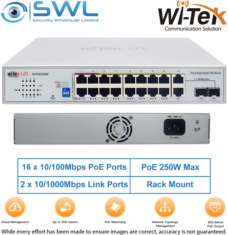 Wi-Tek WI-PCES218GF: 16x 100Mbps PoE Ports + 2x 1000Mbps Combo, 250W, Cloud