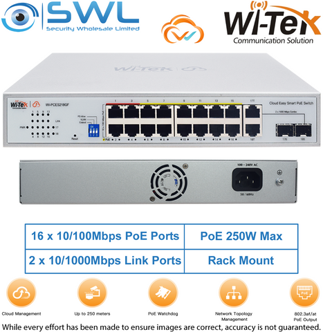 Wi-Tek WI-PCES218GF: 16x 100Mbps PoE Ports + 2x 1000Mbps Combo, 250W, Cloud