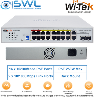 Wi-Tek WI-PCES218GF: 16x 100Mbps PoE Ports + 2x 1000Mbps Combo, 250W, Cloud