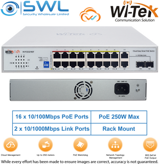 Wi-Tek WI-PCES218GF: 16x 100Mbps PoE Ports + 2x 1000Mbps Combo, 250W, Cloud