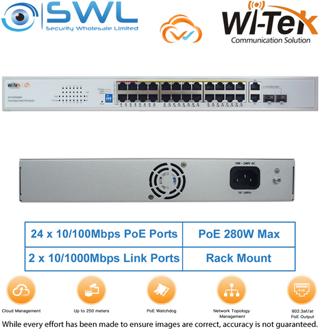 Wi-Tek WI-PCES226GF: 24x 100Mbps PoE Ports + 2x 1000Mbps Combo, 280W, Cloud
