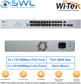 Wi-Tek WI-PCES226GF: 24x 100Mbps PoE Ports + 2x 1000Mbps Combo, 280W, Cloud