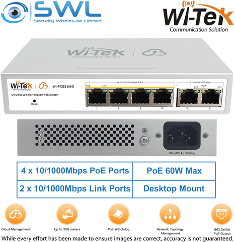 Wi-Tek WI-PCES306G V2: 4x 1000Mbps PoE Ports + 2x 1000Mbps RJ45, 60W, Cloud