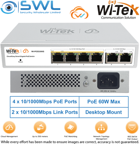 Wi-Tek WI-PCES306G V2: 4x 1000Mbps PoE Ports + 2x 1000Mbps RJ45, 60W, Cloud