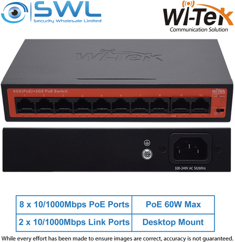 Wi-Tek WI-PS308GH V2: 8x 1000Mbps PoE Ports + 2x 1000Mbps RJ45, 60W