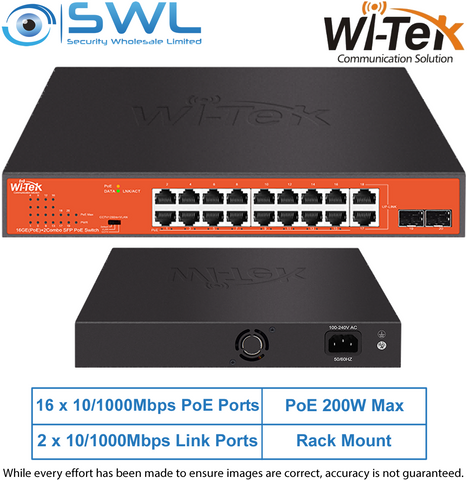 Wi-Tek WI-PS318GFH V2: 16x 1000Mbps PoE Ports + 2x 1000Mbps Combo, 185W