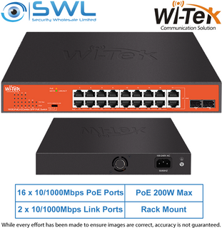 Wi-Tek WI-PS318GFH V2: 16x 1000Mbps PoE Ports + 2x 1000Mbps Combo, 185W