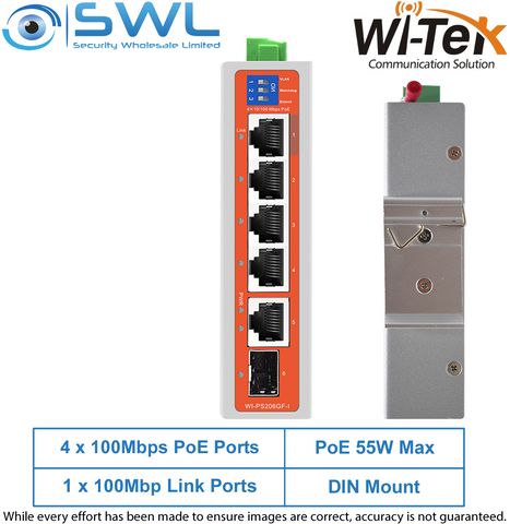 Wi-Tek WI-PS206GF-I V2:4x 100Mbps PoE Ports + 1x 1000Mbps RJ45+SFP, 55W Hardened