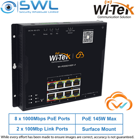 Wi-Tek WI-PCES310GF-F: 8x 1000Mbps PoE Ports + 2x 1000Mbps SFP, 145W, Industrial