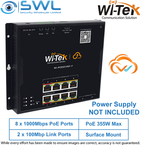 Wi-Tek WI-PCES310GF-F: 8x 1000Mbps PoE Ports + 2x 1000Mbps SFP, 145W, Industrial