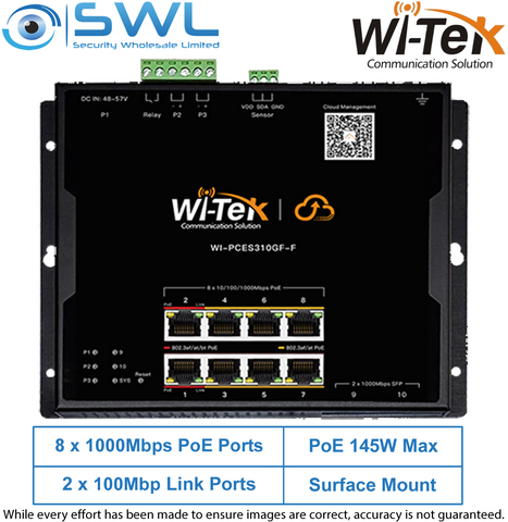 Wi-Tek WI-PCES310GF-F: 8x 1000Mbps PoE Ports + 2x 1000Mbps SFP, 145W, Industrial