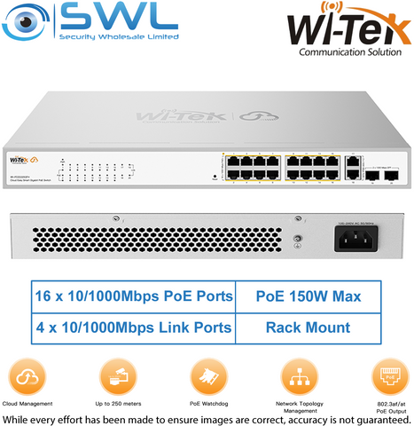 Wi-Tek WI-PCES320GFH: 16x 1000Mbps PoE Ports+ 2x1000Mbps SFP/RJ45, 130W, Cloud