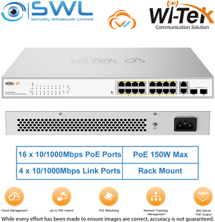 Wi-Tek WI-PCES320GFH: 16x 1000Mbps PoE Ports+ 2x1000Mbps SFP/RJ45, 130W, Cloud