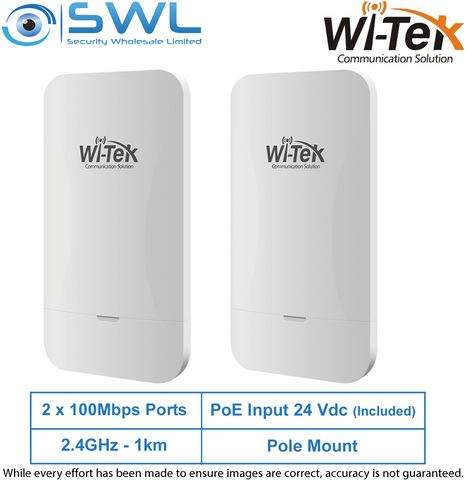 Wi-Tek WI-CPE110-KIT V2: 2x 100Mbps PoE Ports, 2.4GHz, 1Km, 24V PoE, WiFi AP
