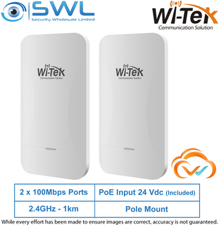 Wi-Tek WI-CPE110-KIT V2: 2x 100Mbps PoE Ports, 2.4GHz, 1Km, 24V PoE, WiFi bridge