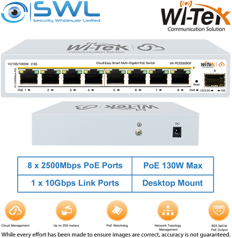 Wi-Tek WI-PCES509GF: 8x 2500Mbps PoE Ports + 1x 10Gbps SFP, 130W PoE, Cloud