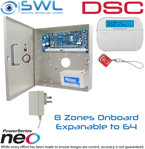 DSC Neo Kit: 8-128 Zone Panel, Cabinet, Plug Pack, Tamper, LCD KP Prox