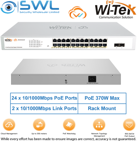 Wi-Tek WI-PCES326GF V2: 24x 1000Mbps PoE Ports + 2x 1000Mbps SFP, 370W, Cloud