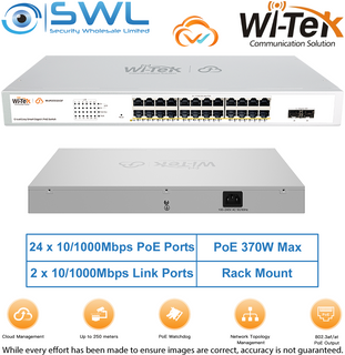 Wi-Tek WI-PCES326GF V2: 24x 1000Mbps PoE Ports + 2x 1000Mbps SFP, 370W, Cloud