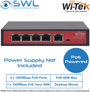 Wi-Tek WI-PE51G: 4x 10/1000Mbps PoE Ports + 1x 1000Mbps PoE Input PoE Powered