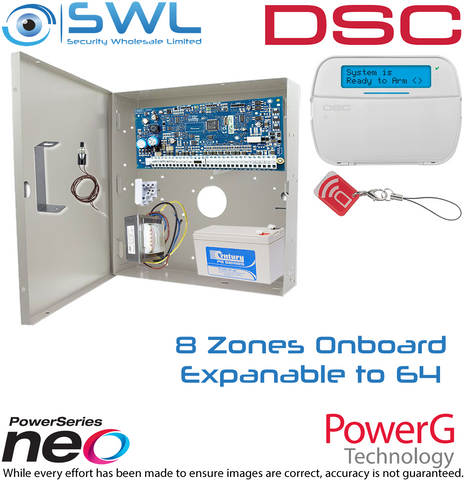 DSC Neo Kit: 8-128 Zone, Cabinet, Transformer, Tamper, RF LCD KP Prox