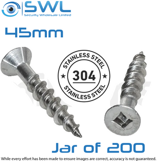 Screw 8G x 45mm Surefast Woodscrew Jar of 200, #2 Square Drive, 304 Stainless