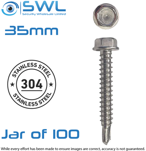 Screw 12G-14x35mm Hex W/F (FT) Steel Self Driller, Jar of 100, 304 Stainless