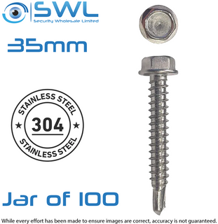 Screw 12G-14x35mm Hex W/F (FT) Steel Self Driller, Jar of 100, 304 Stainless