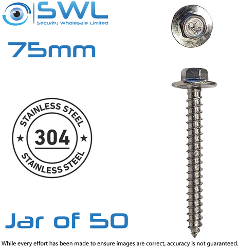 Screw 12G-14x75mm Hex W/F (FT) Steel Self Driller, Jar of 50, 304 Stainless