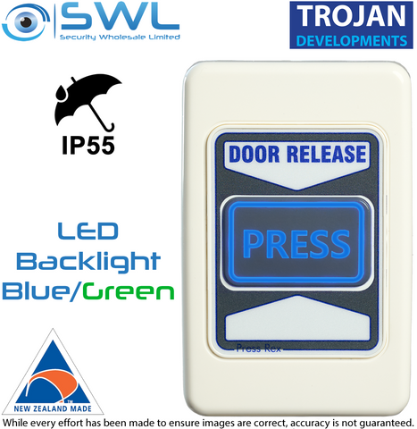 Trojan Press Rex Press To Exit Backlight Blue-Green 12VDC / 24VDC - IP55