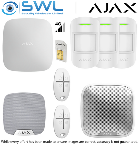 Ajax Kit: 1 x Hud, 3 x PIR, 2 x Remotes, 1 x INT Siren, 1 x EXT Siren 1 x SIM