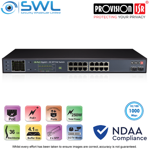 Provision-ISR PoES-16250GCL+2SFP: 16x Giga PoE Switch + 2x SFP (Rack) 250W, 250m