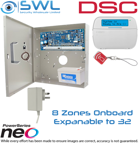 DSC Neo Kit: 8-32 Zone Panel, Cabinet, Plug Pack, Tamper, LCD KP Prox